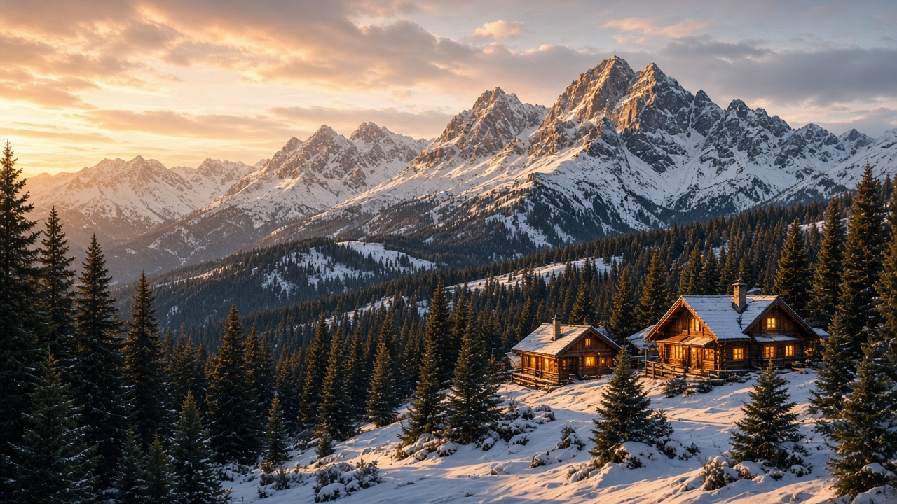 Snowy mountain cabins at golden hour
