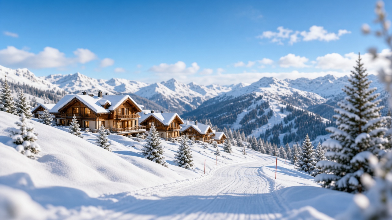 Ski chalet and winter slopes